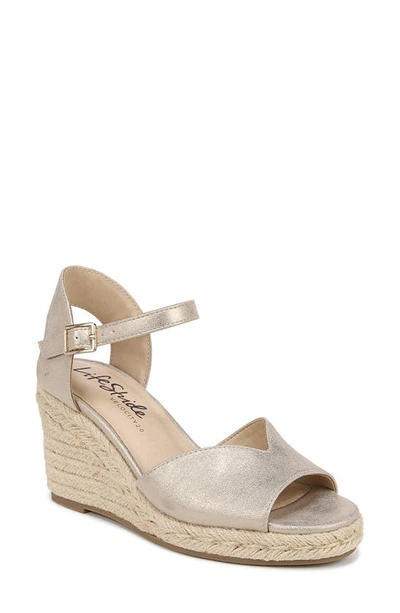 Lifestride Tess Espadrille Platform Wedge Sandal In Platino Gold Faux Leather