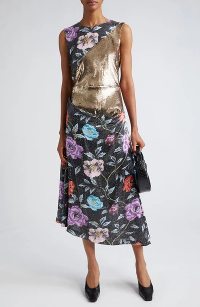 Puppets And Puppets Mother Floral Sequin Midi Dress In Floral Multi
