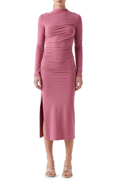 Sophie Rue Talia Ruched Long Sleeve Funnel Neck Midi Dress In Pink