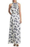 Sachin & Babi Kayla Halter Gown In Ivory/ Navy Peony