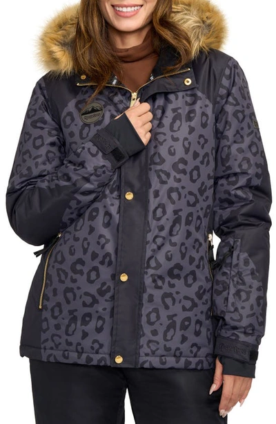 Tipsy Elves Midnight Leopard Print Waterproof Jacket With Removable Faux Fur Trim In Black