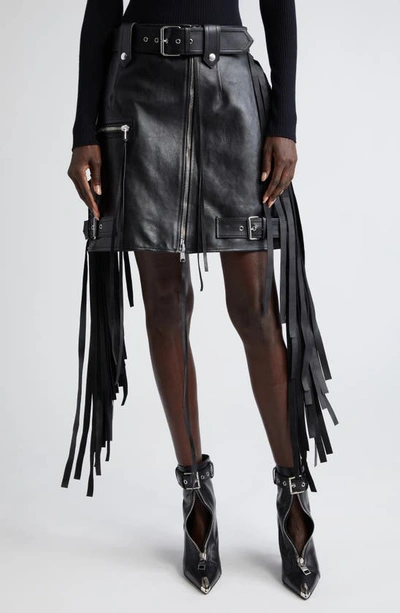 Alexander Mcqueen Fringe Trim Biker Belted Leather Miniskirt In Black
