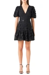Endless Rose Women's Sequin Open-lace Puff-sleeve Mini Dress In Black