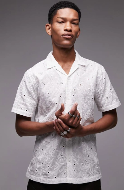 Topman Embroidered Eyelet Short Sleeve Camp Shirt In White