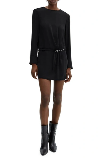 Mango Felicia Belted Long Sleeve Minidress In Black