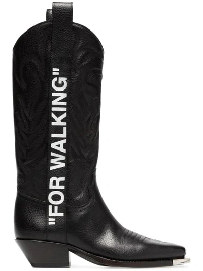 Off-white For Walking Embroidered Printed Textured-leather Knee Boots In Black White