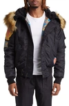 Billionaire Boys Club Eucalyptus Faux Fur Trim Graphic Hooded Bomber Jacket In Black
