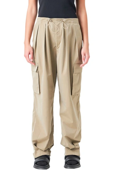 Grey Lab Pleated Low Rise Parachute Cargo Trousers In Khaki