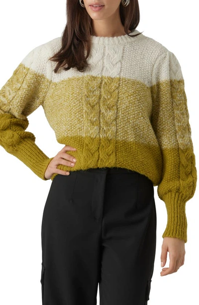 Vero Moda Daiquiri Cable Knit Colorblock Sweater In Birch Detail: W Avocado Oil