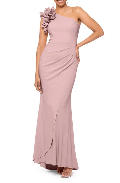 Xscape Ruffle One-shoulder Scuba Crepe Gown In Rose