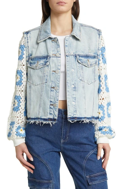 Blanknyc Crochet Sleeve Distressed Denim Trucker Jacket In Blue