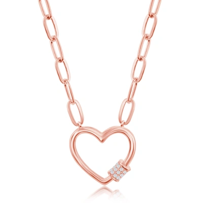 Simona Sterling Silver Gold Or Rose Gold Plated Over Sterling Silver Cz Heart Carabiner Paperclip Necklace In Pink