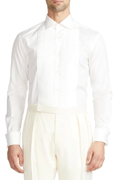 Ralph Lauren Purple Label Aston Pleated Cotton Poplin Tuxedo Shirt In White