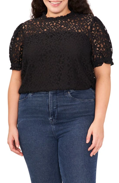 Cece Puff Sleeve Lace Overlay Top In Rich Black