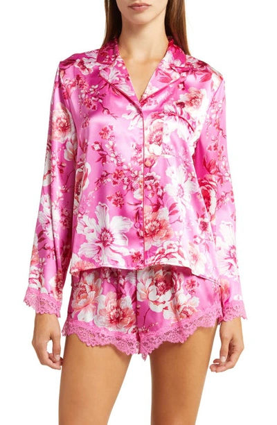 In Bloom By Jonquil My Valentine Floral Lace Trim Satin Short Pajamas In Hot Pink