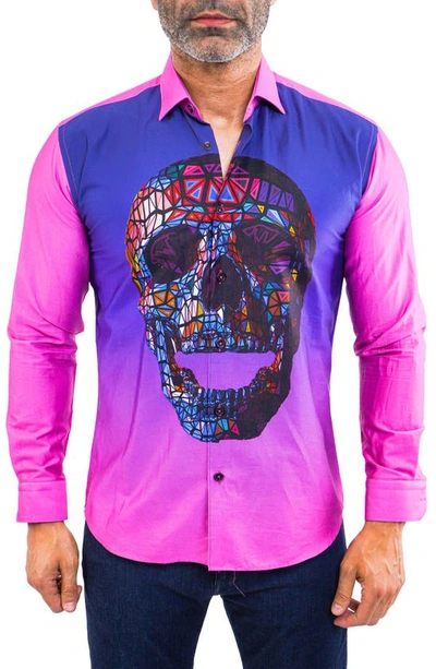 Maceoo Fibonacci Regular Fit Skull Print Cotton Button-up Shirt In Pink