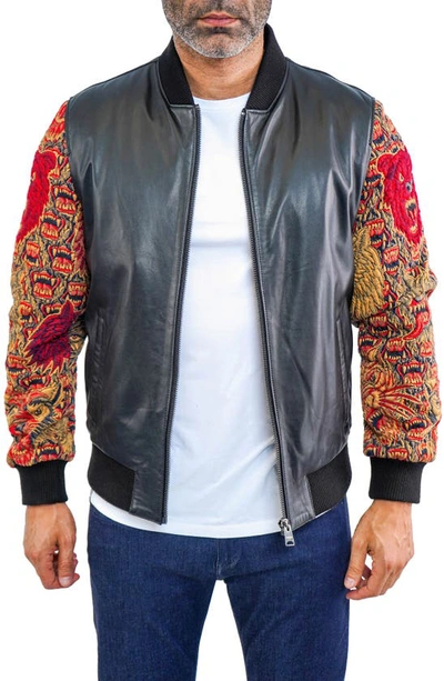 Maceoo Dragon Sleeve Leather Bomber Jacket In Black