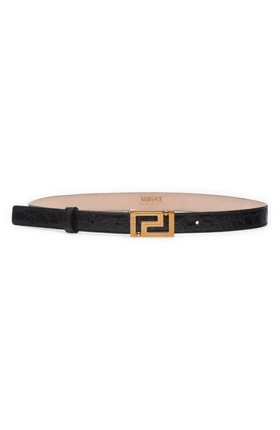 Versace Greca Buckle Croc Embossed Leather Belt In Black/  Gold