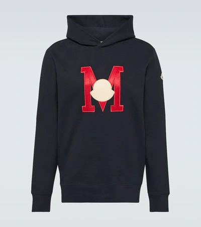 Moncler Embroidered-logo Cotton Hoodie In Navy