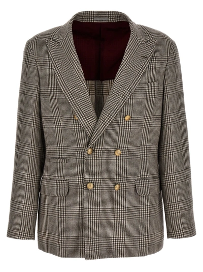 Brunello Cucinelli Check Double-breasted Blazer Jackets In Grey