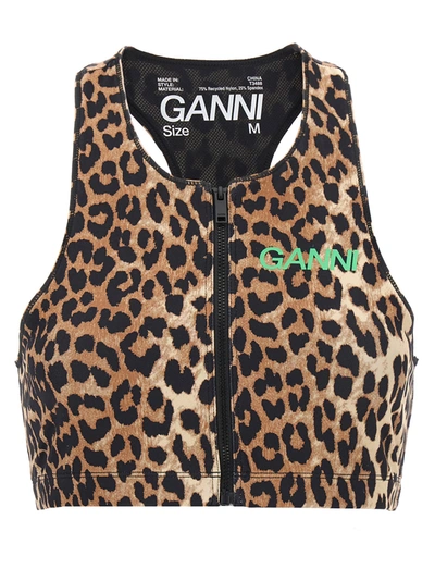 Ganni Logo Leopard Sports Top Underwear, Body In Brown