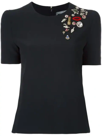 Alexander Mcqueen 'obsession' Embroidered Lips Jewelled Crepe Top In Black