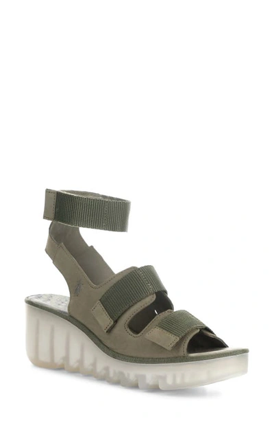 Fly London Bech Platform Wedge Sandal In Khaki Cupido