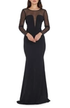 Dress The Population Val Rhinestone Illusion Lace Detail Long Sleeve Mermaid Gown In Black