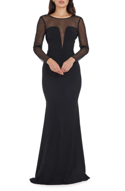 Dress The Population Val Rhinestone Illusion Lace Detail Long Sleeve Mermaid Gown In Black