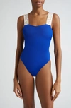Versace Greca Strap One-piece Swimsuit In Royal Blue/ White/ Gold
