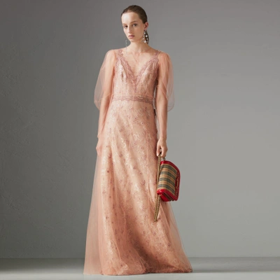 Burberry Floral-embroidered Puff-sleeve Dress In Dusty Pink | ModeSens