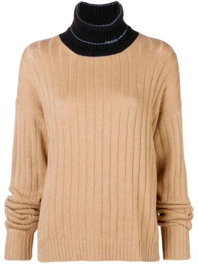 Prada Contrast Neck Jumper - Neutrals In Neutrals