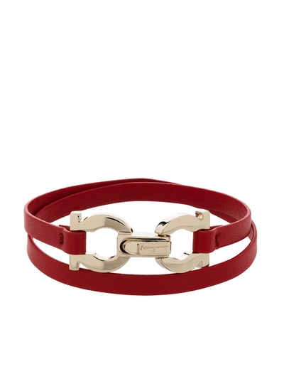 Ferragamo Double Gancio Leather Wrap Bracelet In Red