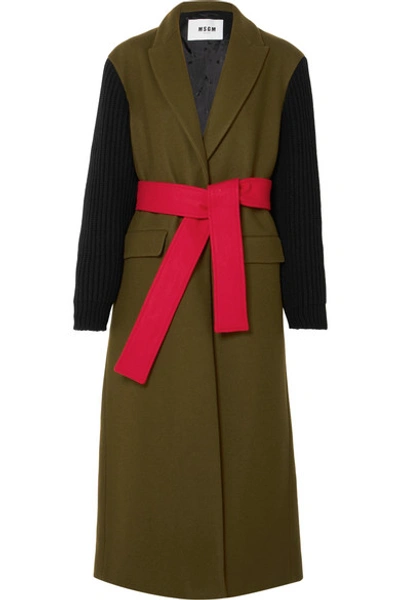 Msgm Ribbed-sleeve Colour-block Wool-blend Coat In Green