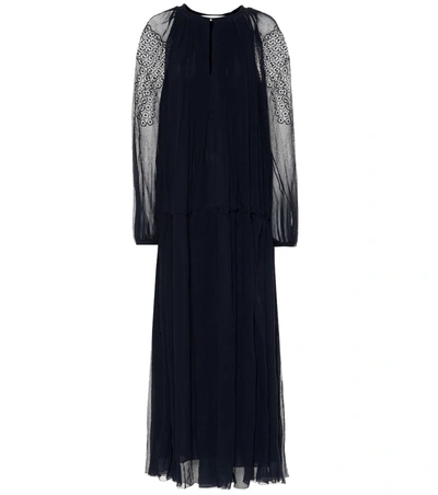 Chloé Lace-trimmed Silk-crepon Maxi Dress In Midnight Blue