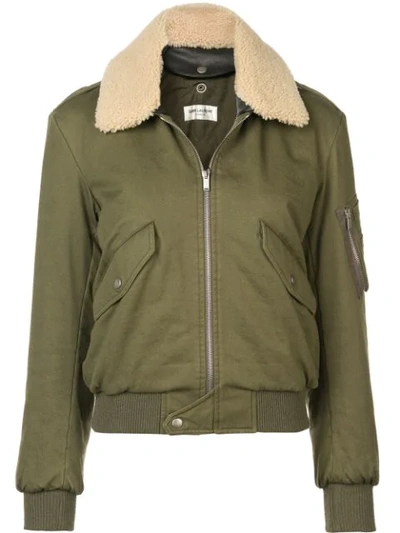 Saint Laurent Shearling-trimmed Cotton-blend Gabardine Bomber Jacket In Green