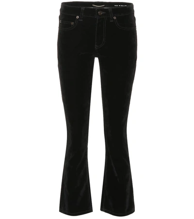 Saint Laurent Cropped Velvet Bootcut Jeans In Used Black