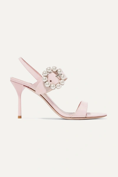 Miu Miu Faux Pearl-embellished Patent-leather Slingback Sandals In Pastel Pink