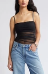 Open Edit Ruched Mesh Camisole In Black