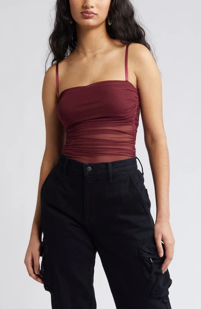 Open Edit Ruched Mesh Camisole In Burgundy London