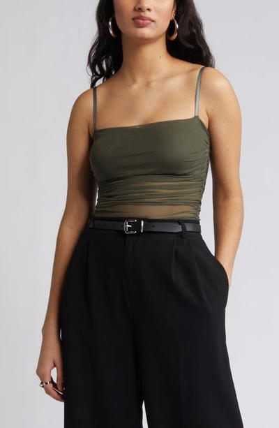Open Edit Ruched Mesh Camisole In Green City