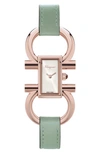 Ferragamo Double Gancini Bracelet Watch, 13.5mm X 23.5mm In Green/ White Sunray/ Rose Gold