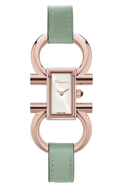 Ferragamo Double Gancini Bracelet Watch, 13.5mm X 23.5mm In Green/ White Sunray/ Rose Gold