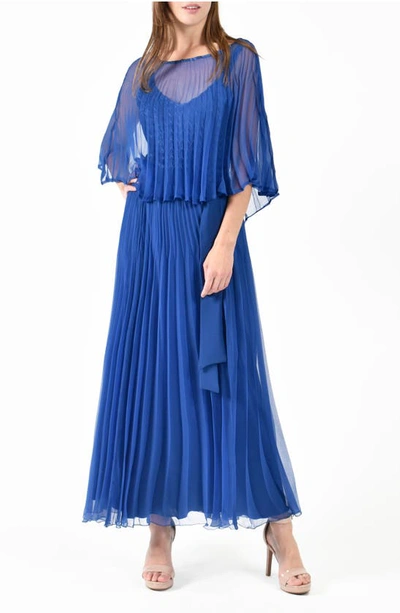 Komarov Sunburst Pleated Chiffon Blouson Midi Dress In Navy