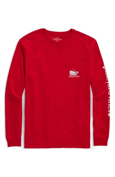Vineyard Vines Santa Whale Long Sleeve Cotton Graphic Pocket T-shirt In Red Velvet