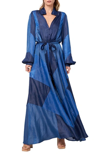 Ciebon Evita Patchwork Long Sleeve Dress In Blue Multi