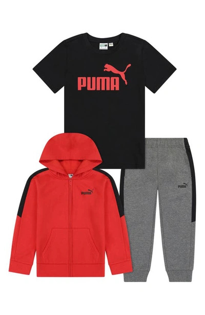 Puma Babies'  Fleece Hooded Jacket, Joggers & T-shirt Set In Red