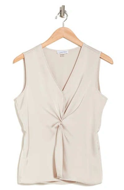 Calvin Klein Sleeveless Twist Front Satin Top In Stony Beige