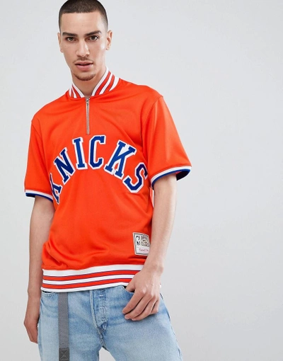 Mitchell & Ness Nba New York Knicks Short Sleeve Sweatshirt With Zip - Orange
