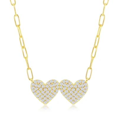 Simona Gold Plated Over Sterling Silver Double Heart Cz Paperclip Necklace
